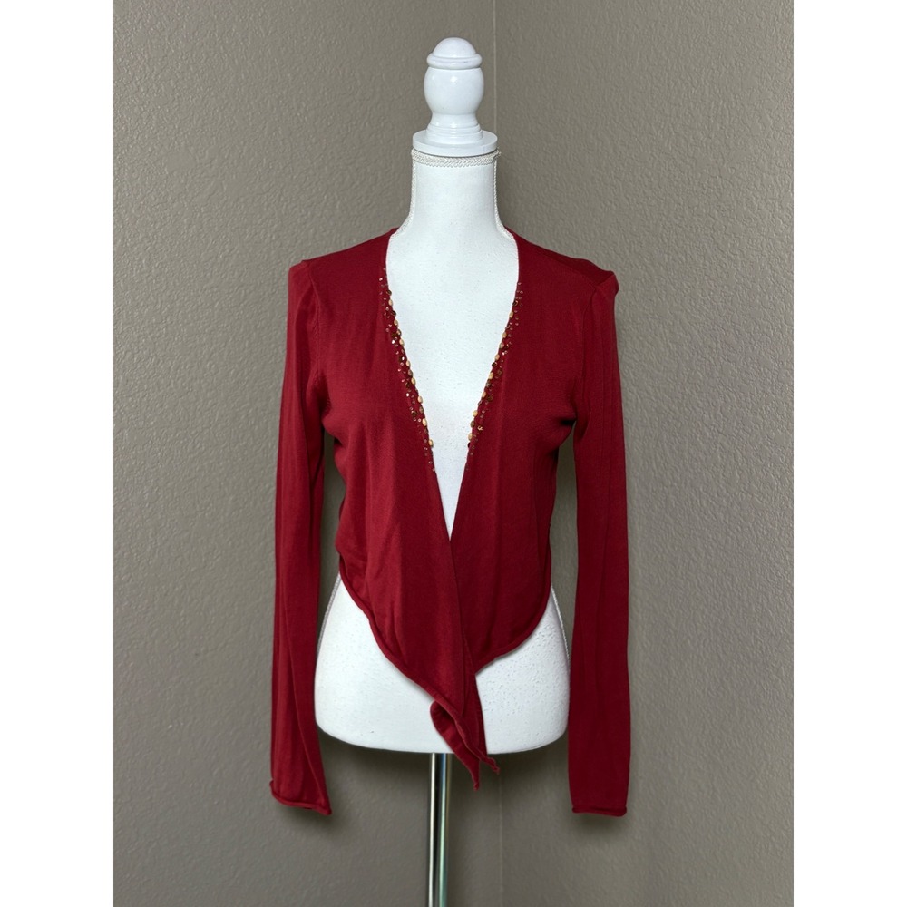 Metro 7 Russet Red Beaded Wrap Cardigan Sweater Womens Large Cotton Long Sleeve